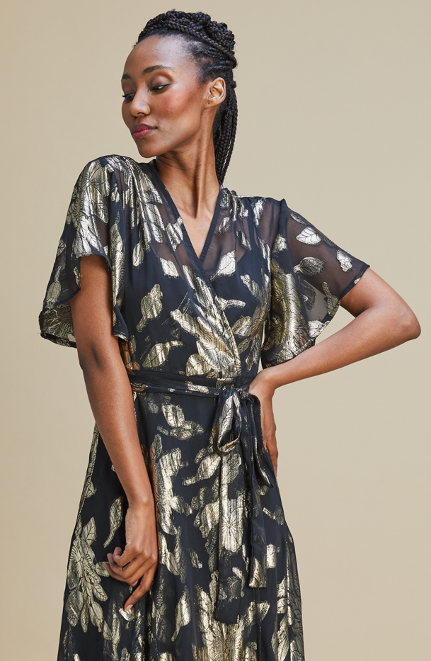 Philly Wrap Dress South Africa Black Chiffon with Gold Foil