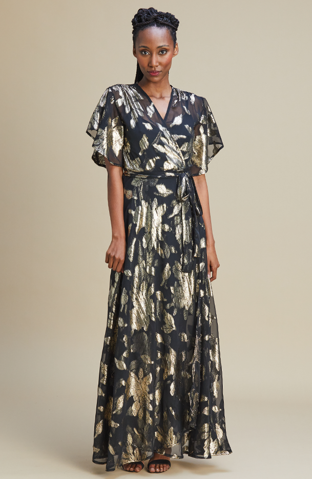 Waif Wrap Dress South Africa Black Chiffon with Gold Foil MARETHCOLLEEN