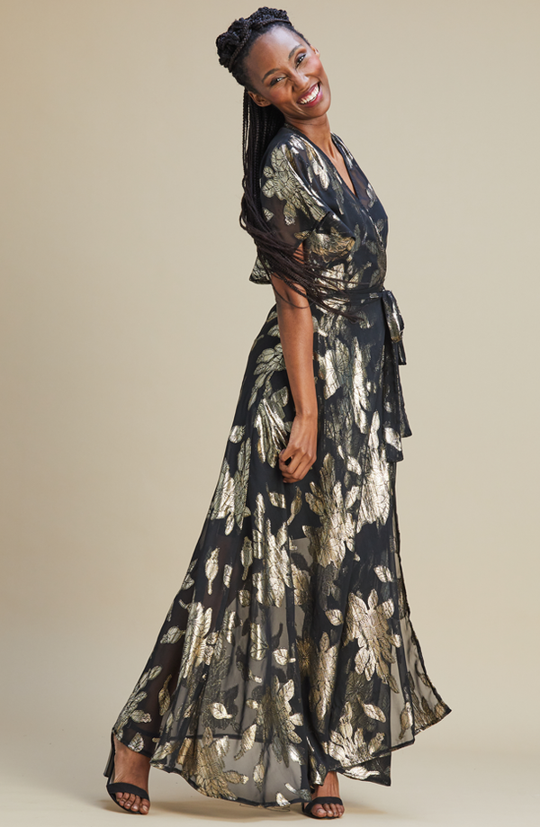 Waif Wrap Dress South Africa Black Chiffon with Gold Foil MARETHCOLLEEN