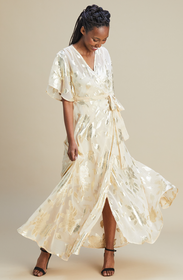 Gold wrap 2024 dress with sleeves