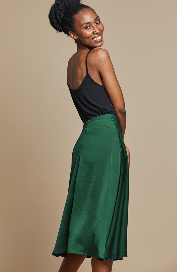 Dark green satin outlet midi skirt